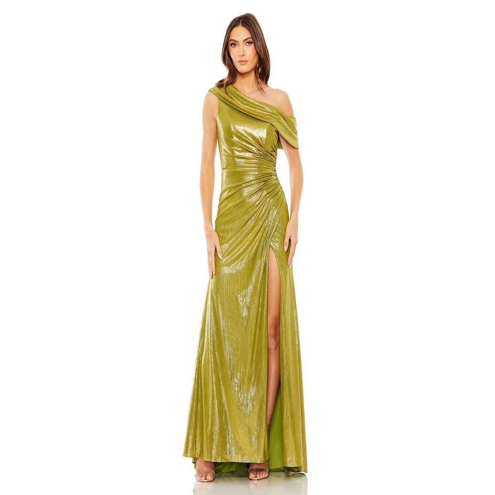 Mac Duggal Olive Green One-Shoulder Metallic Maxi Dress
